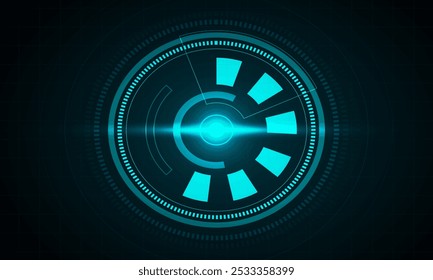 Cybernetic Interface: A mesmerizing abstract illustration of a futuristic user interface with a cyan-blue digital display against a dark background.