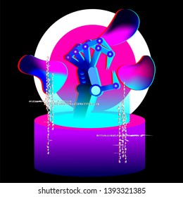 The cybernetic mechanical arm of the robot crawls out of the cylinder with neon light. glitch effect. text on the background of a fictional futuristic font, not real language