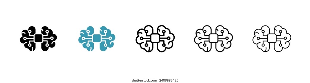 Mente cibernética y conjunto de iconos vectores de chip AI. Inteligencia Artificial y símbolo de vectores de red neuronal para el diseño de la interfaz de usuario.