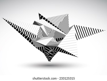 Cybernetic polygonal contrast element constructed from simple geometric figures. Misshapen lined acute object for graphic design. Black and white stencil model.