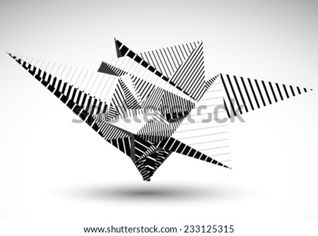 Cybernetic polygonal contrast element constructed from simple geometric figures. Misshapen lined acute object for graphic design. Black and white stencil model.