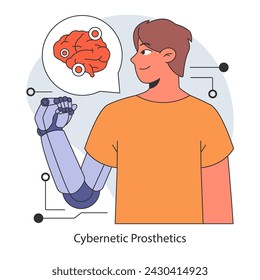 Cybernetic Prosthetics concept. Integrating advanced robotics into human life. Enhancing capabilities with artificial limbs. Pioneering the future of bionics. Flat vector illustration.