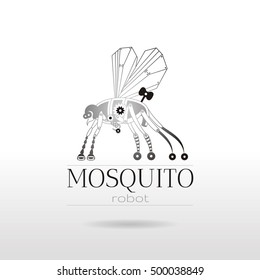 Cybernetic robot mosquito drone logo icon. Vector steampunk animal. Futuristic vintage insect monster illustration. Text lettering, white background. Technology symbol. Silver golden metalic gears