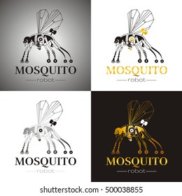 Cybernetic robot mosquito drone logo icon set. Vector steampunk cyborg flying animal. Futuristic vintage insect monster illustration. Text lettering, color background. Silhouette, poster template