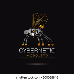Cybernetic robot mosquito logo icon. Vector steampunk animal. Futuristic vintage insect monster illustration. Text lettering on black background. Drone technology symbol. Silver golden mettalic gears