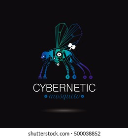 Cybernetic robot mosquito logo icon. Vector steampunk cyborg flying animal. Futuristic vintage insect monster illustration. Text lettering, black background. Nano tech blue silhouette, poster template
