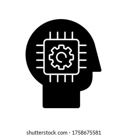 Cybernetics black glyph icon. Futuristic science, innovative technology. Artificial intelligence, neural networks silhouette symbol on white space. Head with microchip vector isolated illustration