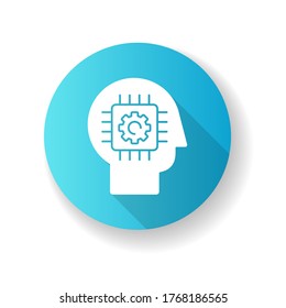 Cybernetics blue flat design long shadow glyph icon. Futuristic science, innovative technology. Artificial intelligence, neural networks. Head with microchip silhouette RGB color illustration