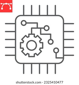 Icono de línea de la cibernetica, tecnología e inteligencia artificial, icono del vector del procesador ai, gráficos vectoriales, símbolo de contorno de trazo editable, eps 10.