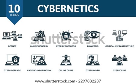 Cybernetics outline set. Creative icons: botnet, online robbery, cyber protector, biometric, critical infrastructure, data encryption, cyber defense, hacking information, online crime, cyber worm