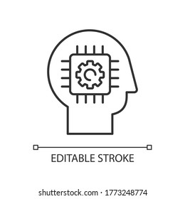 Cybernetics pixel perfect linear icon. Artificial intelligence, neural network thin line customizable illustration. Contour symbol. Head with microchip vector isolated outline drawing. Editable stroke