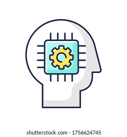 Cybernetics RGB color icon. Futuristic science, innovative technology. Artificial intelligence, neural networks. Head with microchip Isolated vector illustration