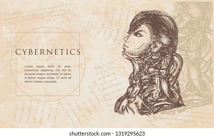 Cybernetics. Robot man. Portrait of biomechanical soldier. Renaissance background. Medieval manuscript, engraving art 