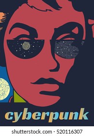 Cyberpank poster futuristic robotic girl vector. Beautiful girl and virtual reality glasses. Future technology, cyberpank art 