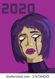 Cyberpank woman with short blue hair and empty eyes crying about troubles of 2020 year. Vector illustration.