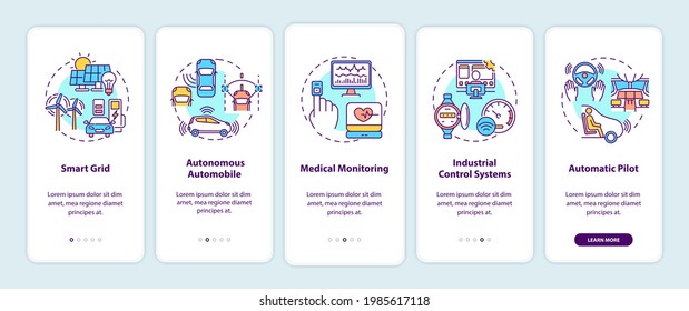 Cyber-physical systems application onboarding mobile app page screen with concepts. Smart grid, med monitoring walkthrough 5 steps graphic instructions. UI vector template with RGB color illustrations