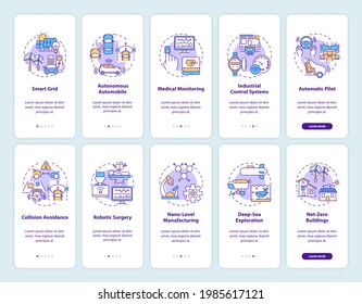 Cyber-physical systems onboarding mobile app page screen with concepts set. Application and usage benefits walkthrough 5 steps graphic instructions. UI vector template with RGB color illustrations