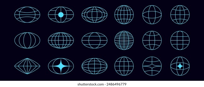 Cyberpunk 2D wireframe spheres and globes with mesh grids. Abstract geometric sphere net in neon blue. Y2K futuristic elements with a digital and surreal design aesthetic.