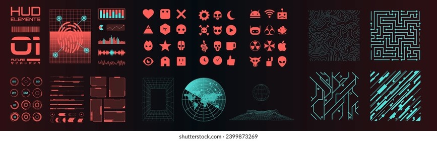 Cyberpunk 3D Cosmic Shapes. Digital Hud elements. Info, label boxes and bars. UI, UX futuristic parts for layouts and templates. Holograms, charts and virtual reality visualizations. Video game maps.