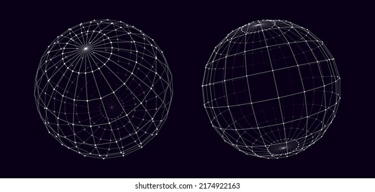 Cyberpunk 3D Sphere Hologram HUD Design Element. 3D Line Globe Geometry for Retrowave Style Graphic Design. Old Cyberpunk 80s-90s Aesthetic Virtual Reality Concept. Vector Illustration.