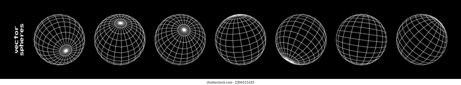 Cyberpunk 3D Sphere Wireframe Hologram HUD Design Elements Set. 3D Line Globe Geometry for Retrowave Style Graphic Design. Old Cyberpunk Y2K Aesthetic Virtual Reality Concept. Vector Illustration.