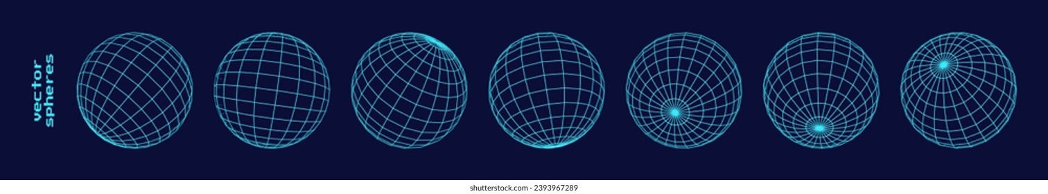 Cyberpunk 3D Sphere Wireframe Hologram HUD Design Elements Set. 3D Line Globe Geometry for Retrowave Style Graphic Design. Old Cyberpunk Y2K Aesthetic Virtual Reality Concept. Vector Illustration.