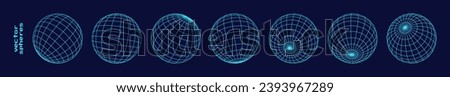 Cyberpunk 3D Sphere Wireframe Hologram HUD Design Elements Set. 3D Line Globe Geometry for Retrowave Style Graphic Design. Old Cyberpunk Y2K Aesthetic Virtual Reality Concept. Vector Illustration.