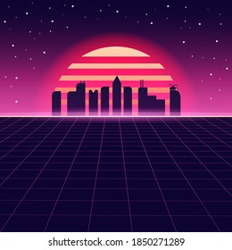 Cyberpunk 80s Neon City Night Sun Stock Vector (Royalty Free ...