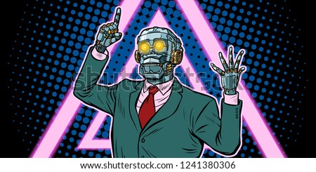 Cyberpunk 80s style. emotional speaker robot, dictatorship of gadgets. Pop art retro vector illustration