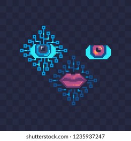 Cyberpunk abstract pixel art icons set, artificial intelligence eye lips in a chip isolated vector illustration. 8-bit sprite. Design for logo, sticker and app.