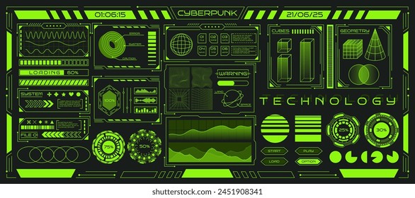 Póster abstracto de Cyberpunk. Gráfico de diseño retro de cuadrícula, ícono 3d, Anuncio de línea techno. Fondo moderno rave, marco del mundo, esfera de la tipografía del arte. Malla verde neón. Conjunto de ondas sintéticas HUD brillante de Vector