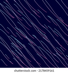 Cyberpunk Abstract, Speed Lines, Neon Light Particles, Stripes Print Design. Meteorites on Dark Space Background. Fabric, Holiday, Packaging, Cover, Ad, Fashion Pattern. Future geometric design.