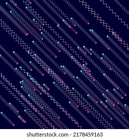 Cyberpunk Abstract, Speed Lines, Neon Light Particles, Stripes Print Design. Meteorites on Dark Space Background. Fabric, Holiday, Packaging, Cover, Ad, Fashion Pattern. Future geometric design.
