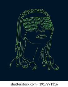 Cyberpunk. Abstraction. Contour image on a dark background. The text is abstract. Design element. Vector illustration.