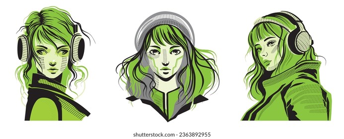 Cyberpunk anime girl set, vector manga style female face character, cartoon Japanese acid avatar. Comic cute retro futuristic woman in phones, asian attractive lady portrait kawaii poster. Anime girl