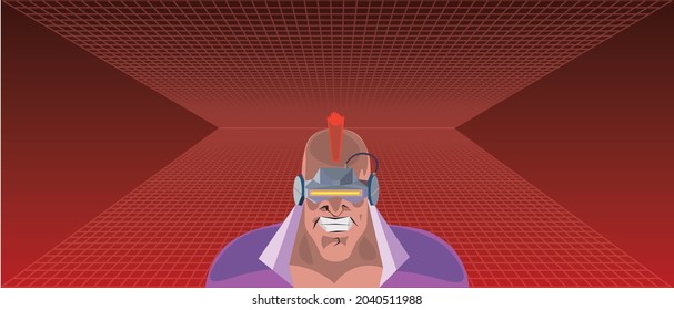 El personaje villano del anime Cyberpunk en las brillantes gafas de viseras cibernéticas de alta tecnología y el corte de pelo de mohawk contra la cuadrícula de la perspectiva roja de 1980. Caricatura retro concepto ilegal. Ilustración del vector