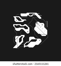 Cyberpunk arrow. Futuristic interface cyber element. Cyberpunk pointer, direction. Tech style arrow for design of game UI, poster, banner. Tech aesthetics. Vector illustration
