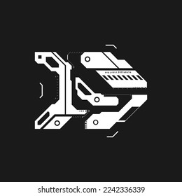 Cyberpunk arrow. Futuristic interface element. Cyberpunk tech pointer, direction. Tech arrow for design of game UI, poster, banner. Sci-fi style element. Tech aesthetics. Vector illustration