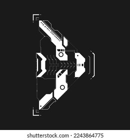 Cyberpunk arrow. Futuristic tech interface element. Cyberpunk pointer, direction. Tech arrow for design of game UI, futuristic UI, poster, etc. GUI, FUI. Tech aesthetics. Vector illustration