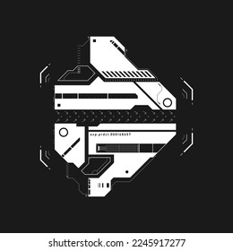 Cyberpunk arrow. Futuristic tech interface element. Cyberpunk pointer, direction. Tech arrow for design of game UI, poster, banner. GUI, FUI. Sci-fi element. Tech aesthetics. Vector illustration