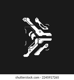 Cyberpunk arrow. Cyberpunk interface element. Futuristic pointer, direction. Tech style arrow for design of game UI, poster, banner. Sci-fi style element. Tech aesthetics. Vector illustration