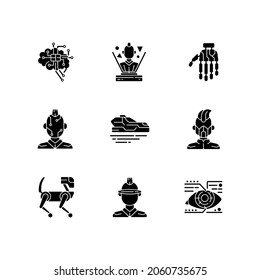 Cyberpunk attributes black glyph icons set on white space. Bionic limb. Science fiction. Futuristic technology. Cyborg body augmentation. Silhouette symbols. Vector isolated illustration