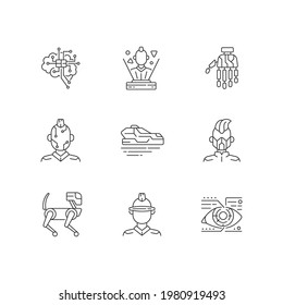 Cyberpunk attributes linear icons set. Bionic limb. Science fiction. Futuristic technology. Customizable thin line contour symbols. Isolated vector outline illustrations. Editable stroke