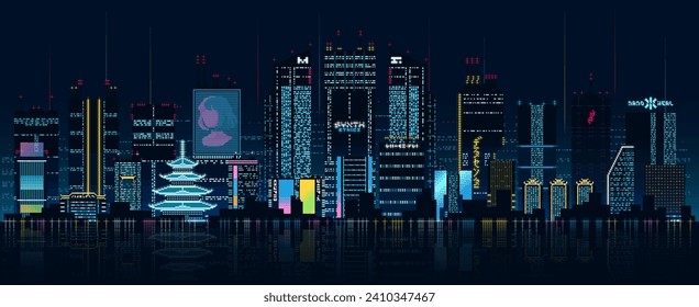 Cyberpunk-Hintergrund. Futuristische Nacht Cyberpunk Stadthintergrund mit Parallax. Mehrschichtiger Hintergrund für Pixelkunstspiele und Design