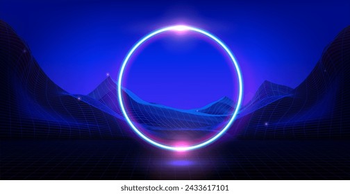 Cyberpunk background with neon circle on wireframe landscape. Vector realistic illustration of y2k style banner, retro wave black and blue gradient grid mountains, synthwave light frame design