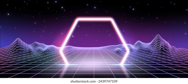 Cyberpunk background with neon hexagon on wireframe landscape. Vector realistic illustration of y2k style banner, retro wave starry night sky gradient and grid mountains, synthwave light frame design