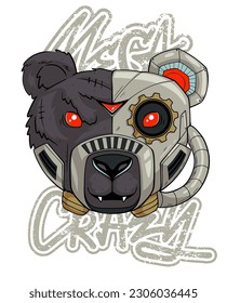 Cara de oso ciberpunk. Oso robótico. Ciborg animal salvaje. Robot depredador. Ciberpunks ilustración animal. Impresión grizzly al estilo Steampunk para el diseño de camisetas. Mega loco del texto en estilo de arte callejero burgués