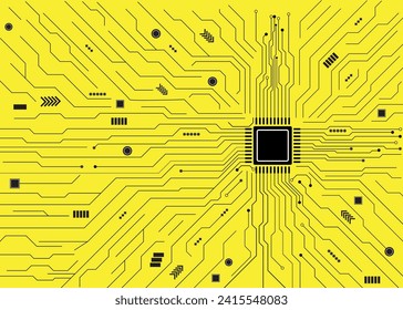 Cyberpunk-Schwarzschaltbild auf weißem Hintergrund. High-Tech-Leiterplattenanschlusssystem. Zentralrechner-Prozessoren - CPU-Konzept. Technologie auf gelbem Hintergrund.