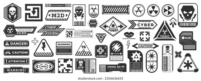 Cyberpunk black stickers. Danger warning label with AI control, extreme futuristic warning sign. Secure area frame banner. Vector decals isolated set of area attention, cyberpunk illustration