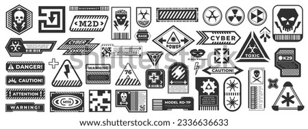 Cyberpunk black stickers. Danger warning label with AI control, extreme futuristic warning sign. Secure area frame banner. Vector decals isolated set of area attention, cyberpunk illustration